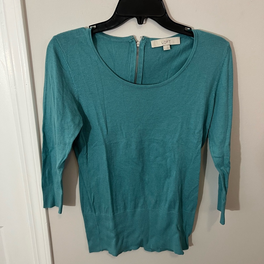 Loft Scoop Neck 3/4 sleeves Back Zip Cotton Silk blend Sweater Top